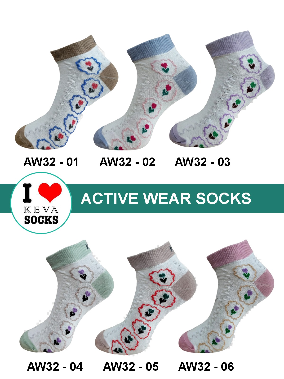 Kevasocks Ankle Women floral designer activewear socks 6 pairs pack aw32