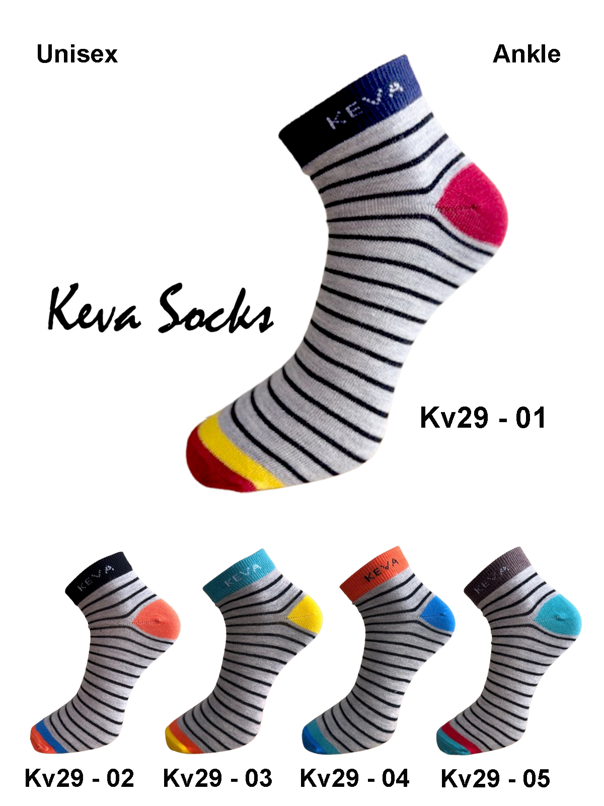 Kevasocks men women thin stripes socks 5 pairs kv29