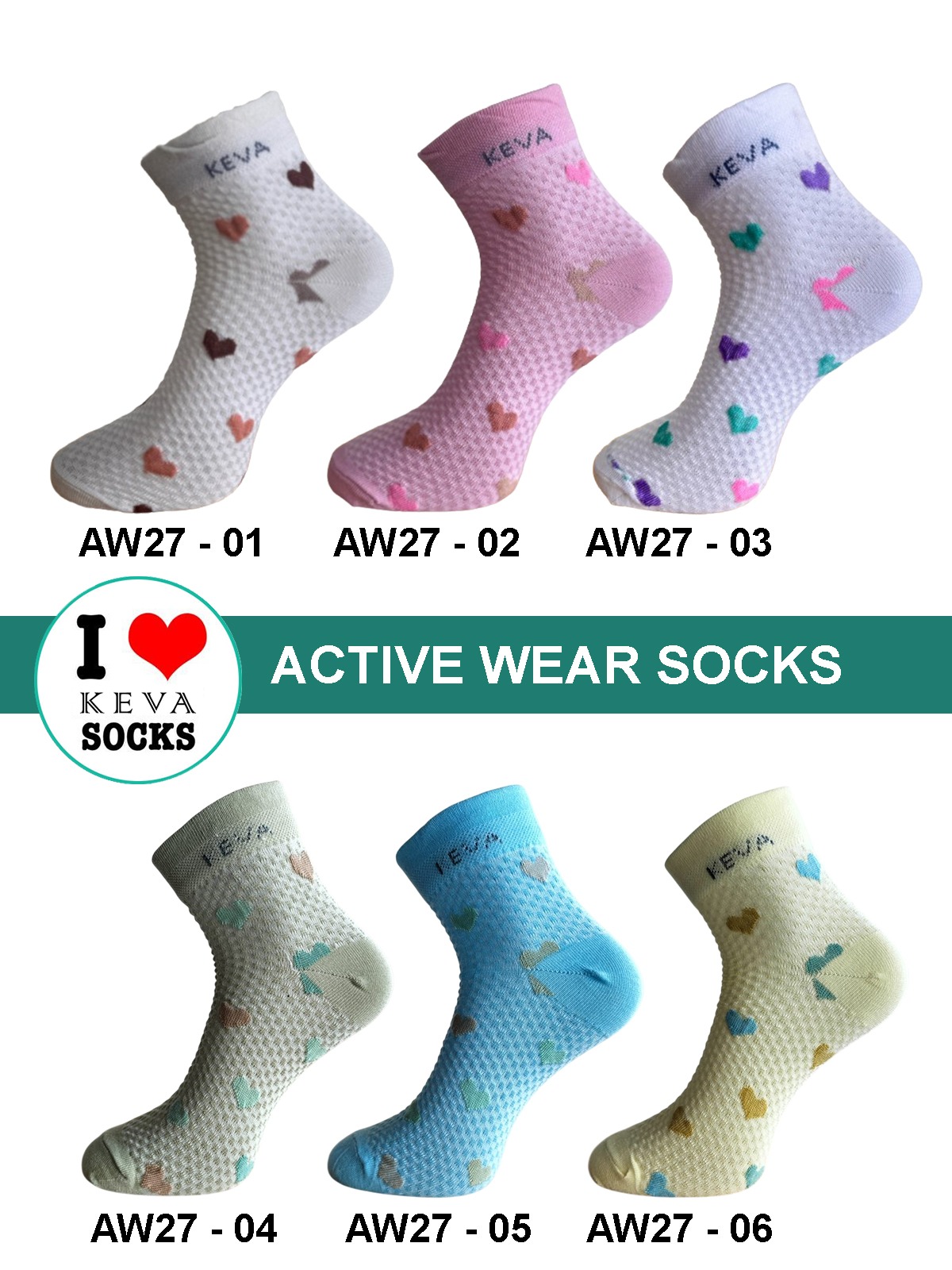 Kevasocks Women Ankle Socks Hearts Design Kevasocks Activewear 6 Pairs Pack Aw27
