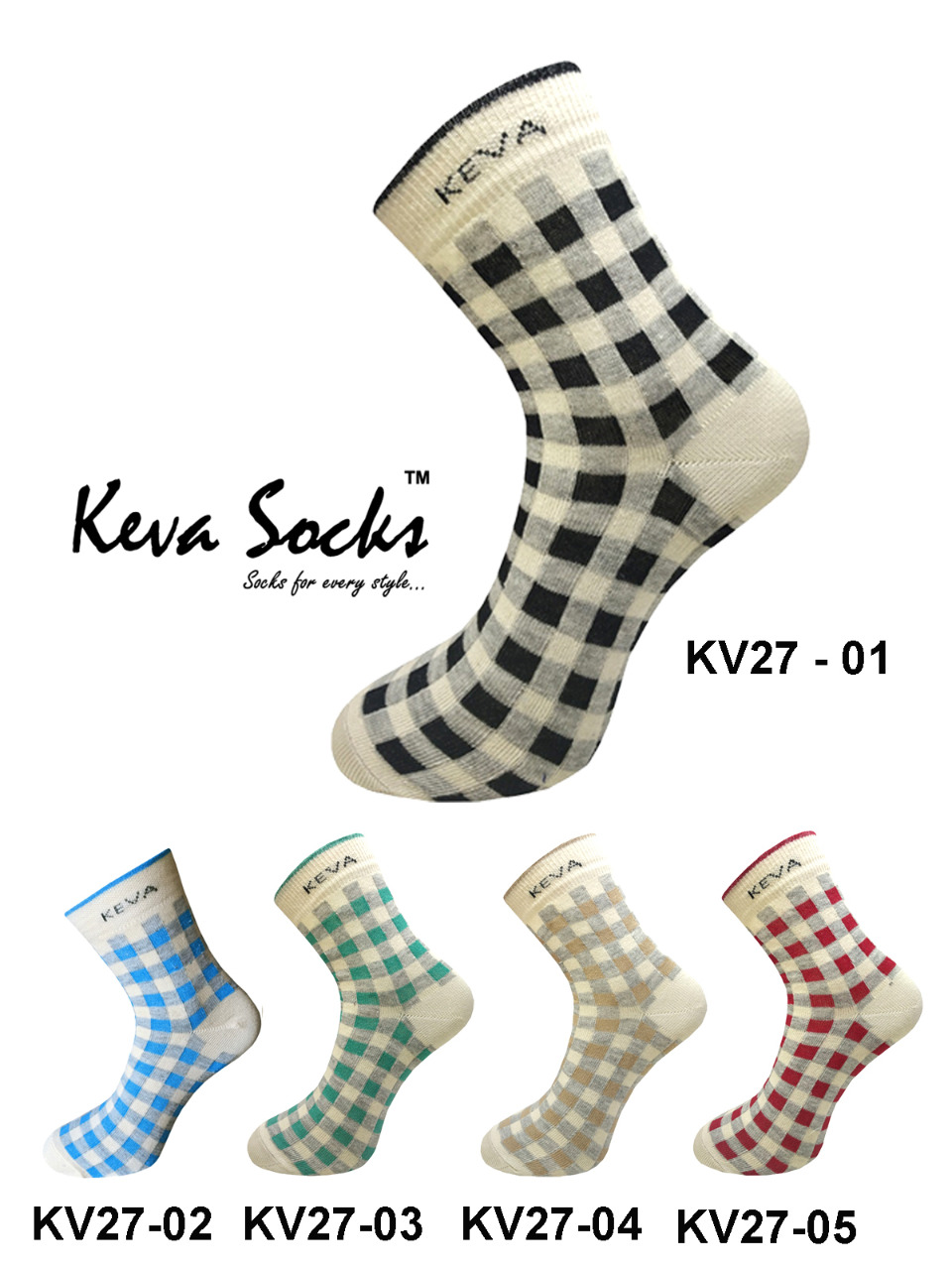 Keva Socks Square Checkered Organic Cotton Ankle Socks For Women Girls 5 pairs pack kv27