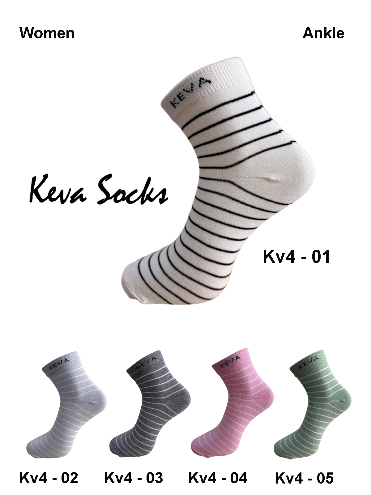 kv4 2024 Keva Socks Solid Stripes Women Cotton Socks 5 pairs pack Kv4