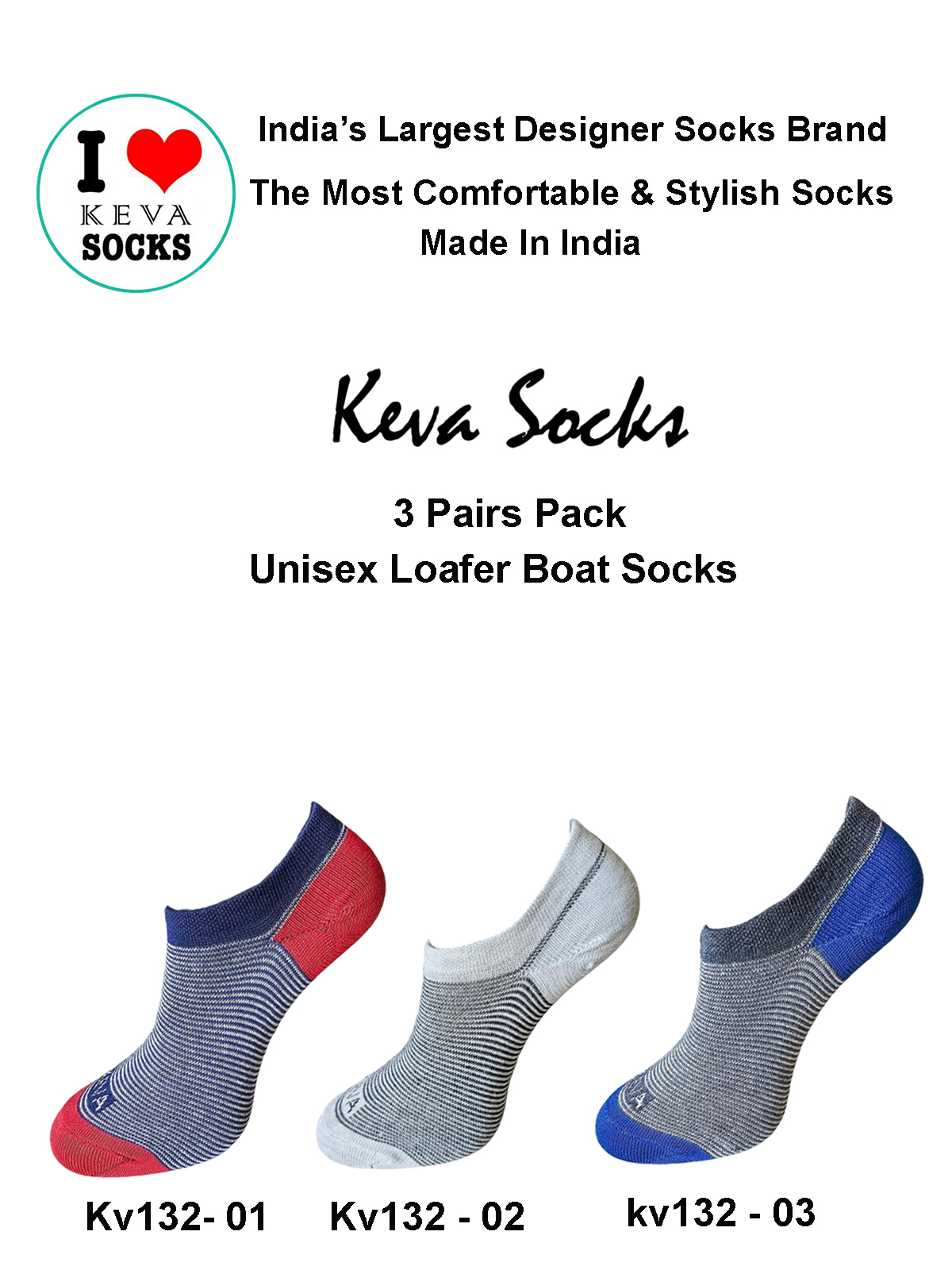 Keva Socks Unisex Loafer Boat Socks Stripes 3 Pairs Pack kv132