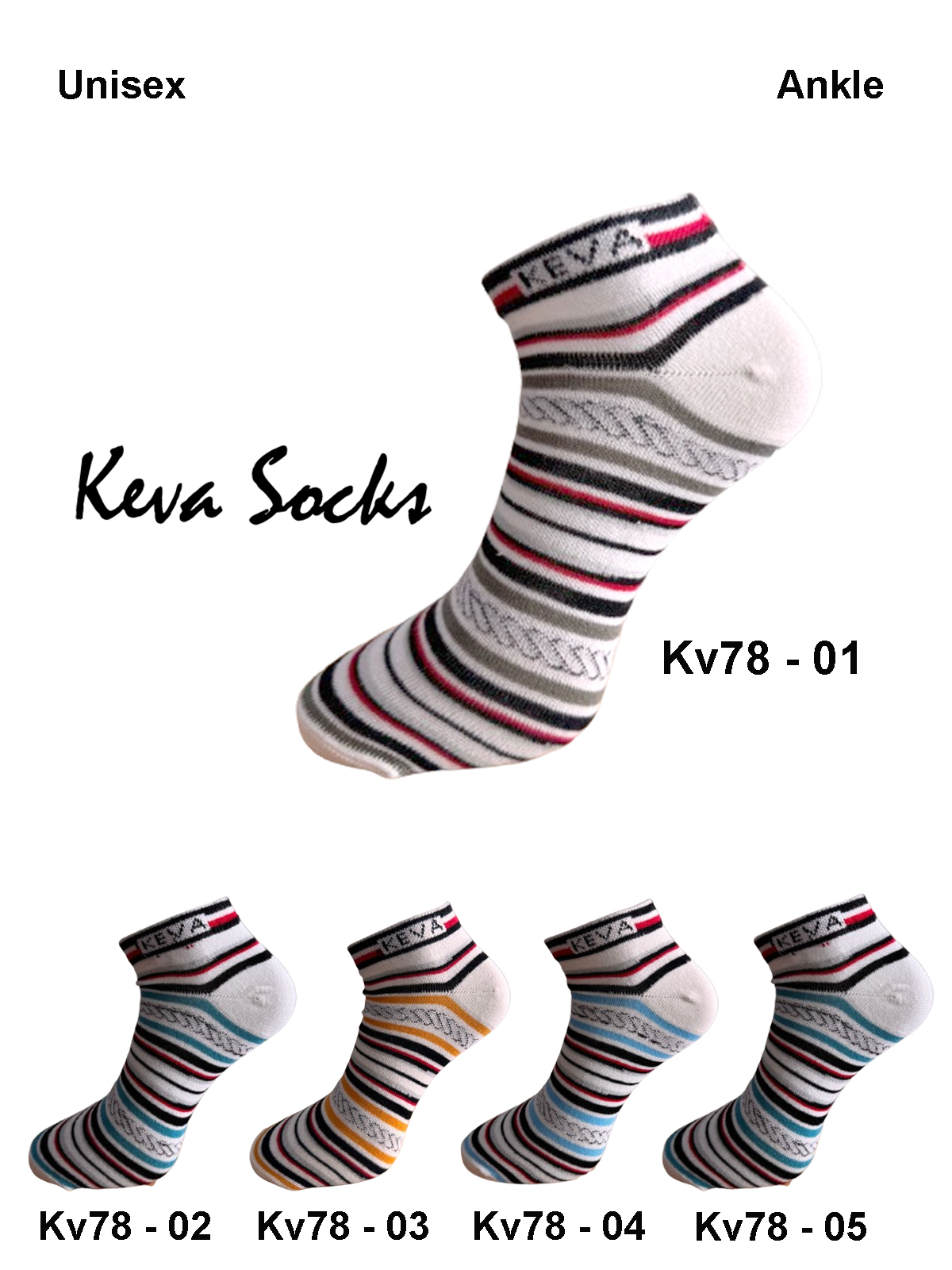 kv78 2024 Keva Socks Low Ankle Stripes Sneakers Socks For Women 5 pairs pack Kv78
