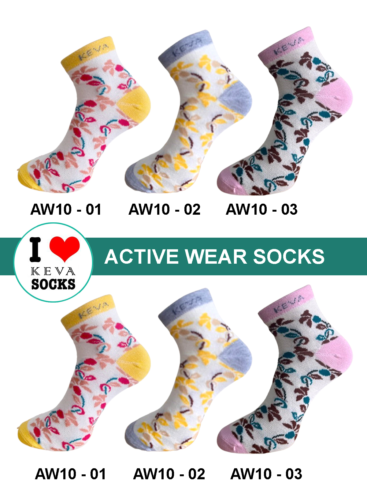 AW10 Women Ankle Socks Floral Kevasocks Activewear 6 Pairs Pack Aw10