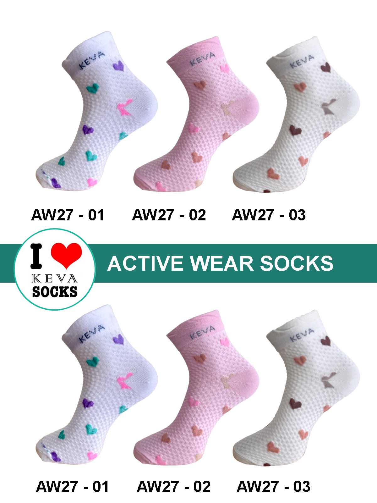 Women Ankle Socks Hearts Design Kevasocks Activewear 6 Pairs Pack Aw27