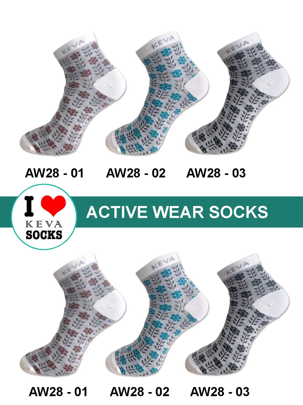 aw28 Women Ankle Socks Floral Kevasocks Activewear 6 Pairs Pack Aw28